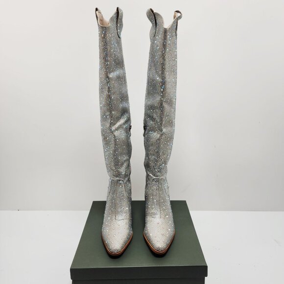 Rhinestone Embellished Silver Western Style Knee-High Boots Block Heel Size 6 - Picture 11 of 12